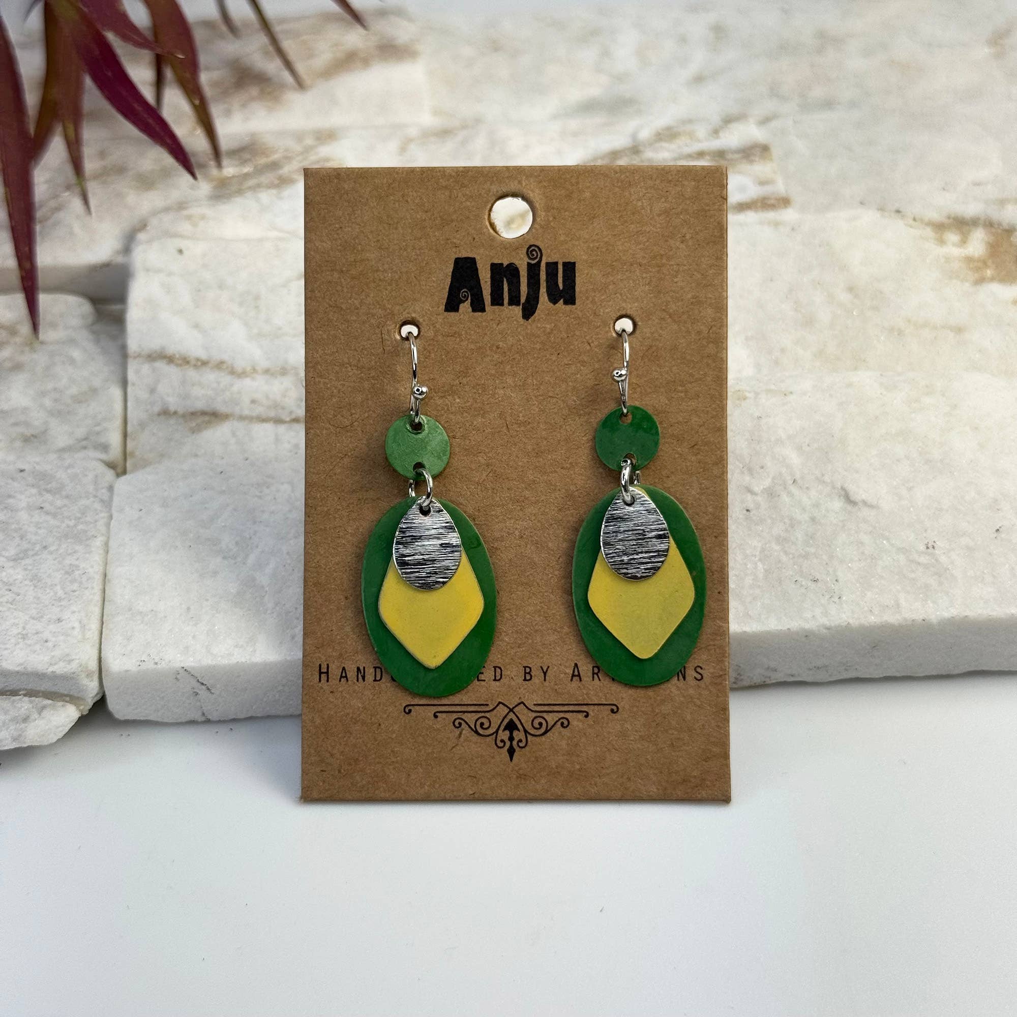 Handcrafted Green & Yellow Patina Layered Kite Earrings