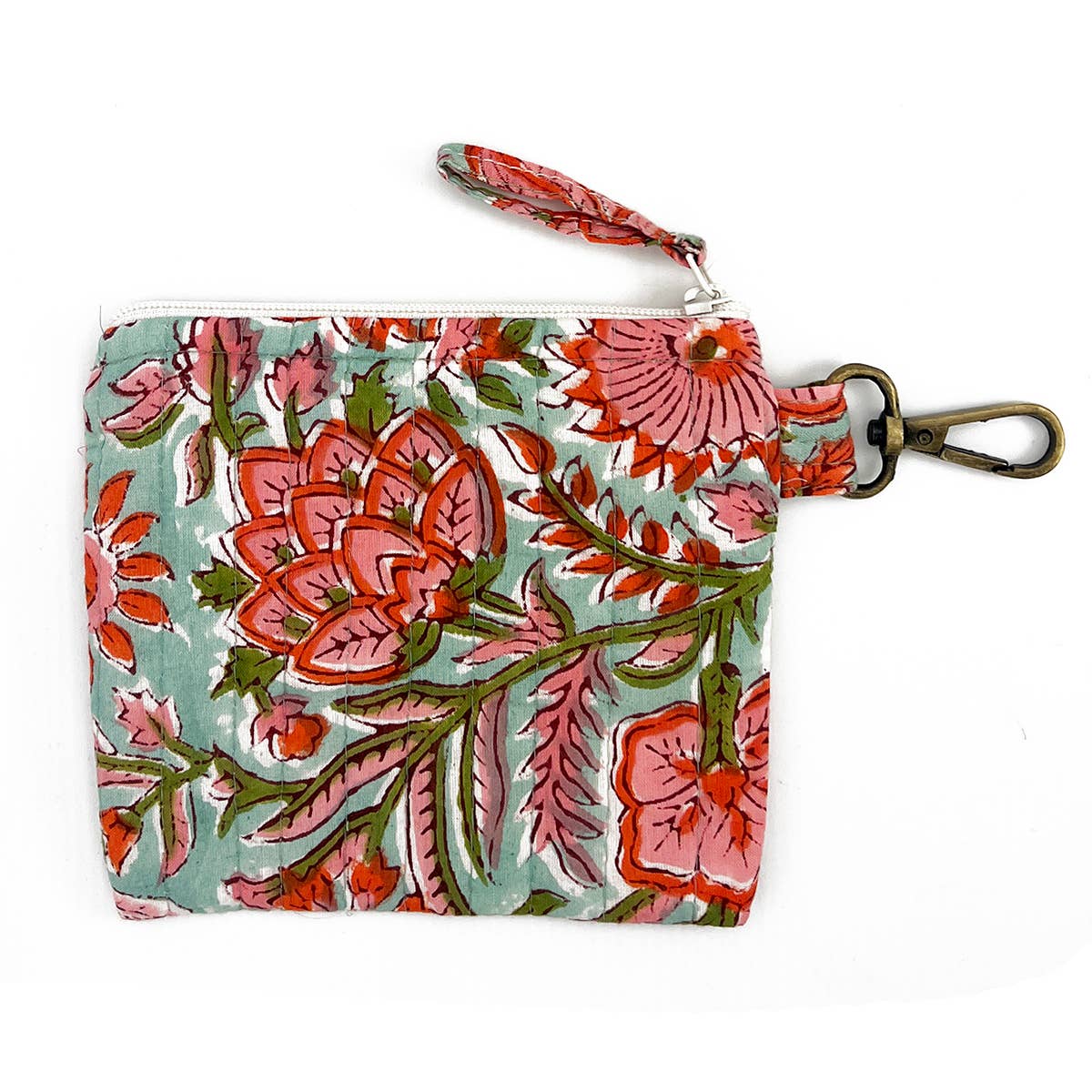 Quilted Block-Printed Travel Pouch - Pink Carnations