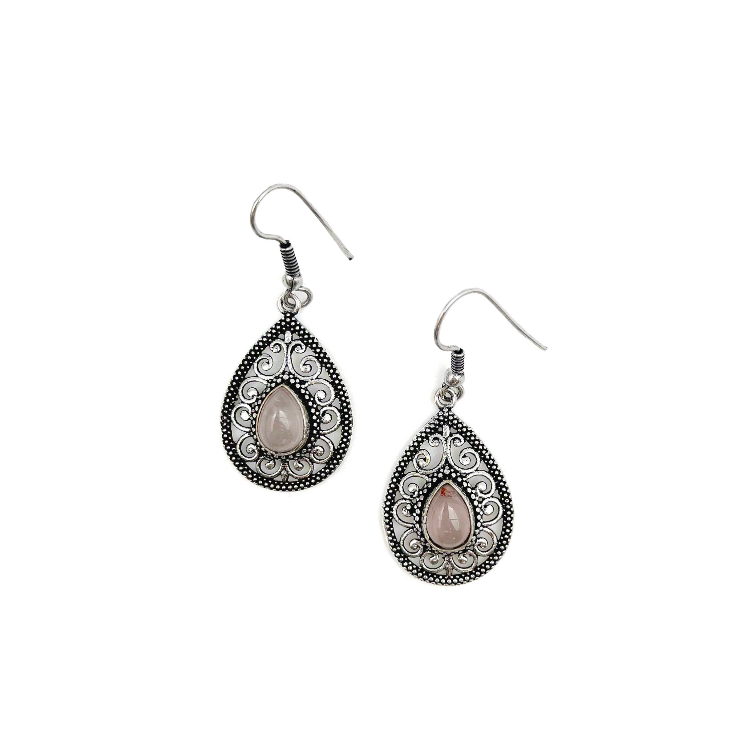 Tanvi Collection Earrings - Silver Teardrop with Rose Quartz