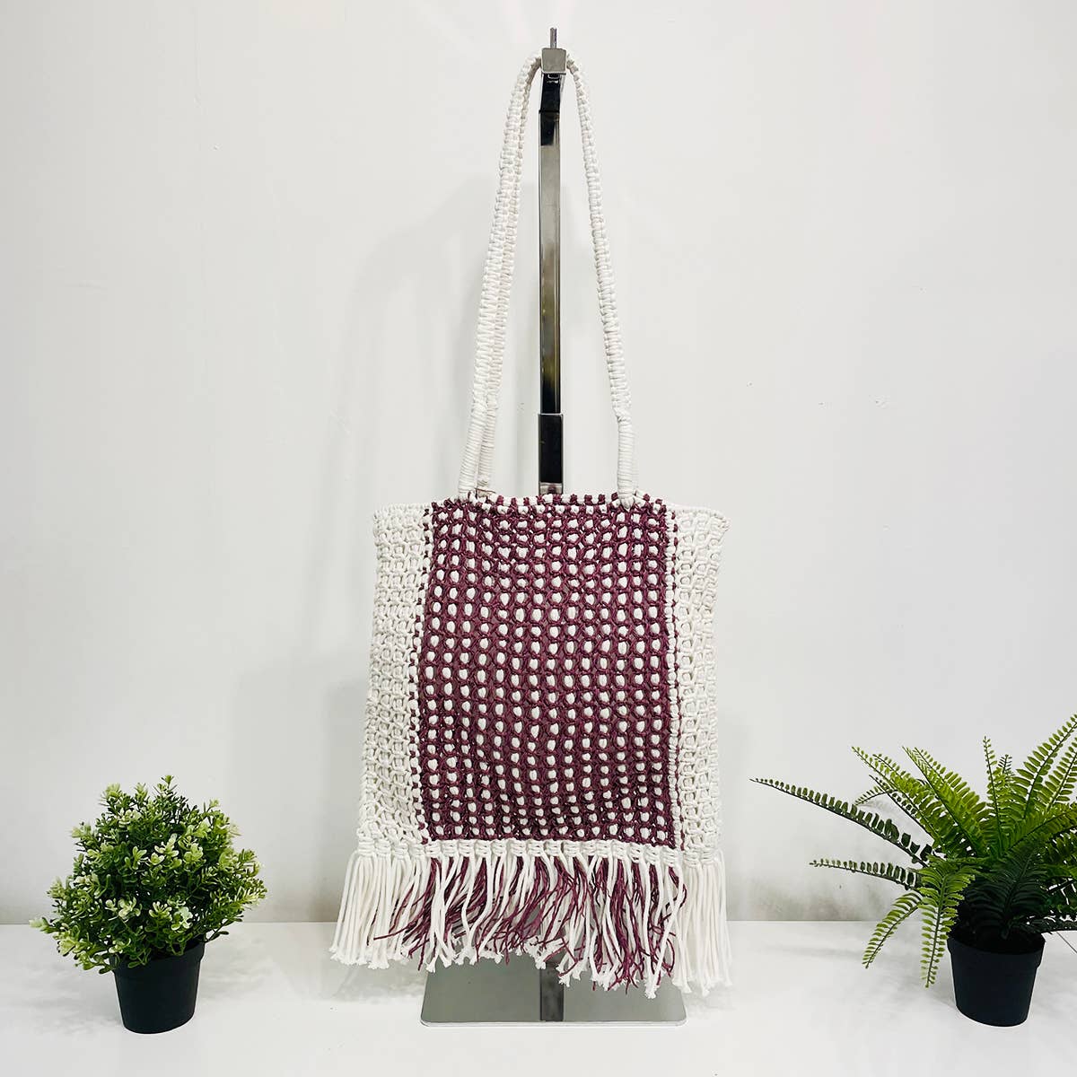 Millie Bag - Knitted Raffia Bag with fringes - Purple