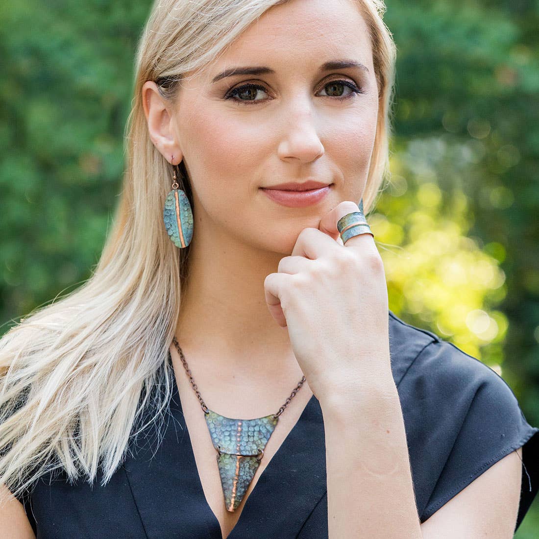 Copper Patina Necklace - Green Hammered with Band