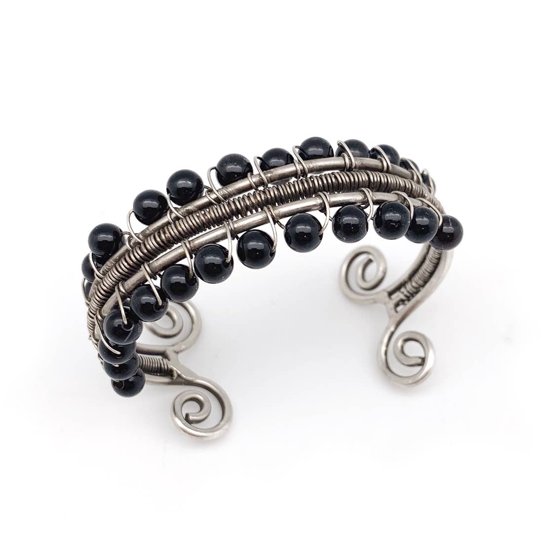 Wire-Wrapped Stone Cuff - Antique Silver with Black Onyx