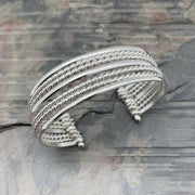 Silver Plated Adjustable Cuff Bracelet - Mixed Texture Bands