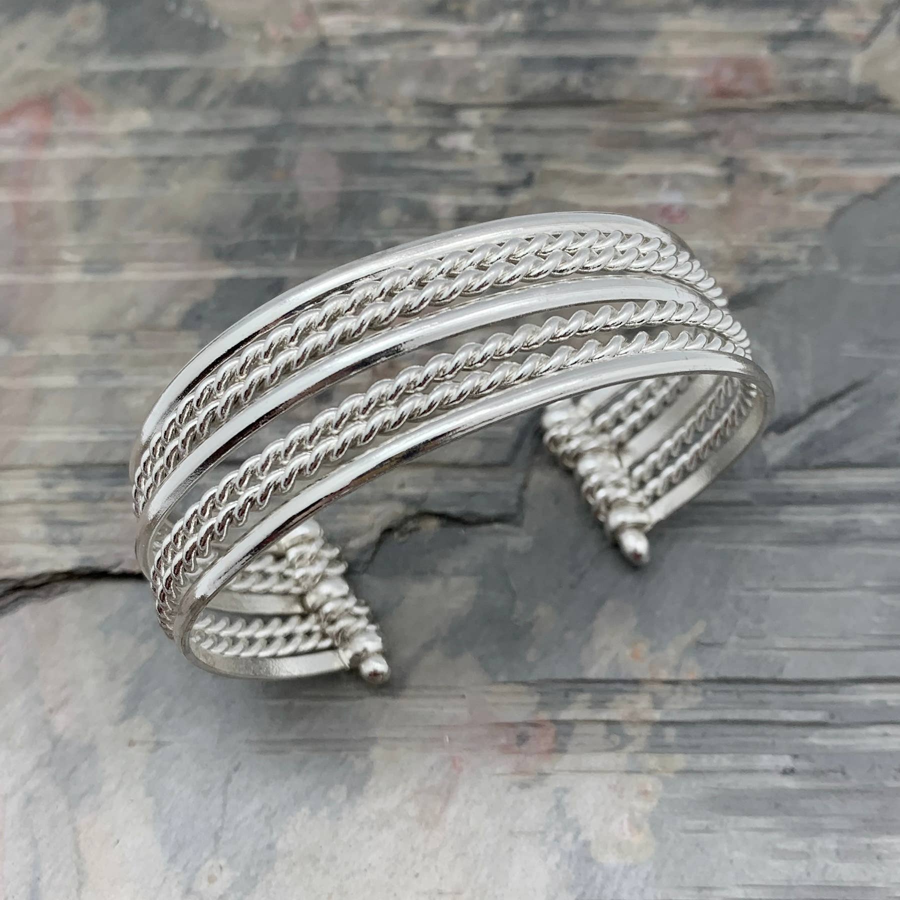 Silver Plated Adjustable Cuff Bracelet - Mixed Texture Bands