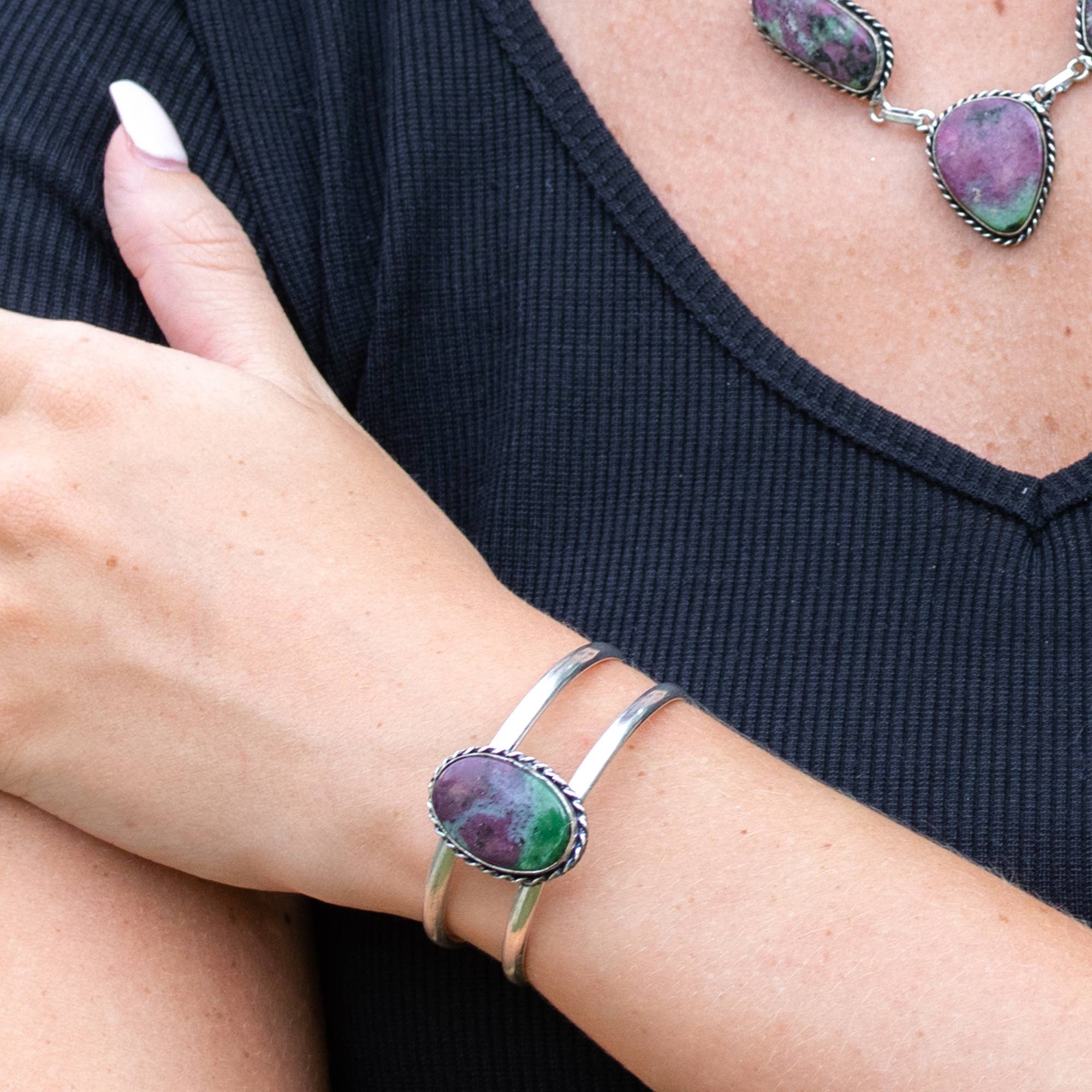 Kashi Semiprecious Stone Cuff Bracelet - Ruby Zoisite