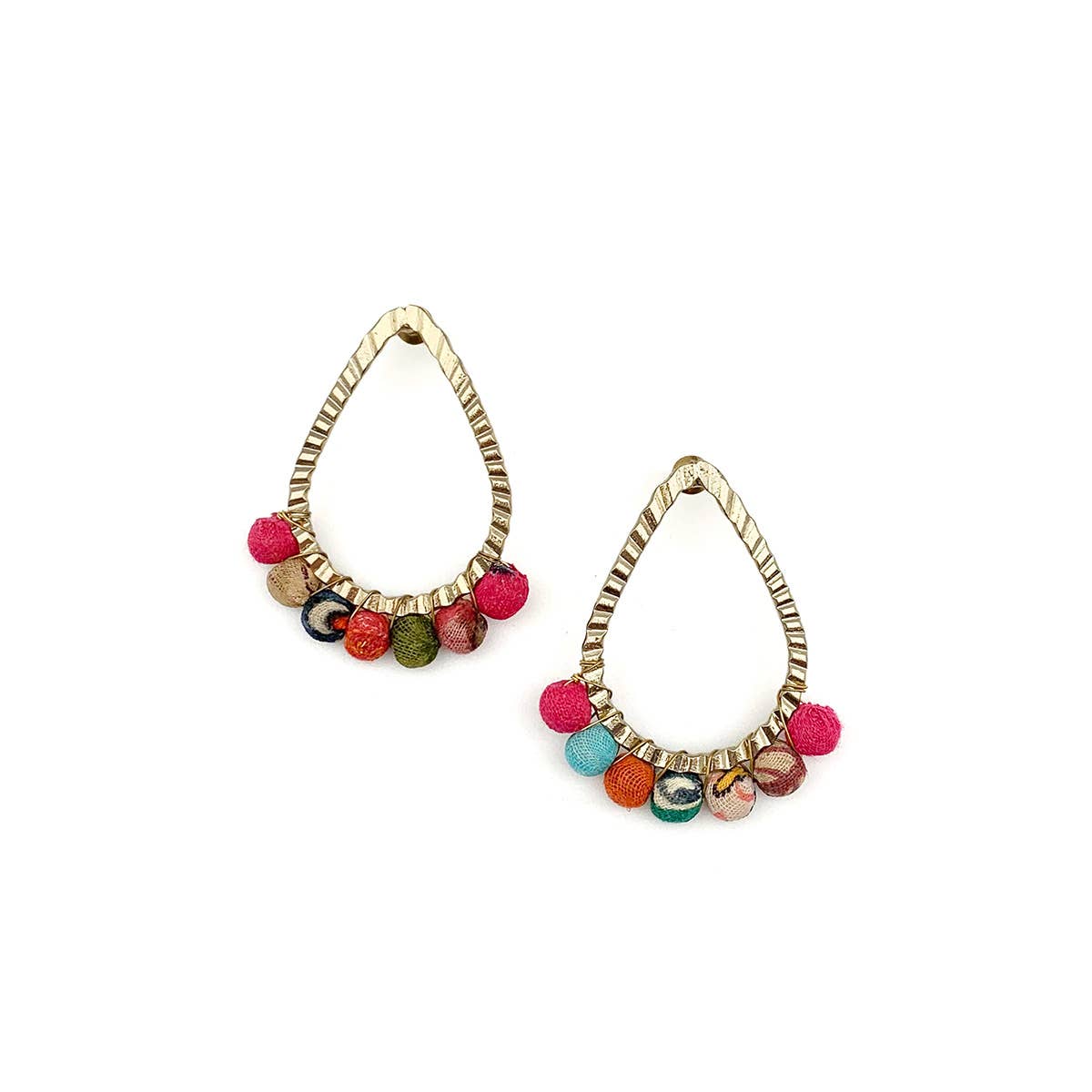 Aasha Hammered Brass Teardrop Post Wrapped Bead Earrings