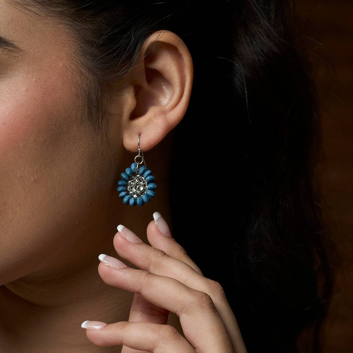 Sachi Wood Bead Flower Earrings - Blue